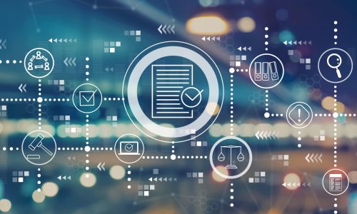 Compliance theme with blurred city abstract lights background