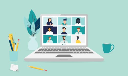 people connecting together, learning or meeting online with teleconference, video conference remote working on laptop computer, work from home and work from anywhere concept, flat vector illustration