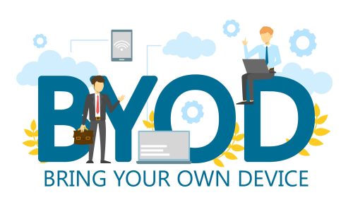 BYOD bring your own device single word banner vector isolated. Gadget, wireless technology. Business strategy, mobility at work. Access to personal computer and smartphone.