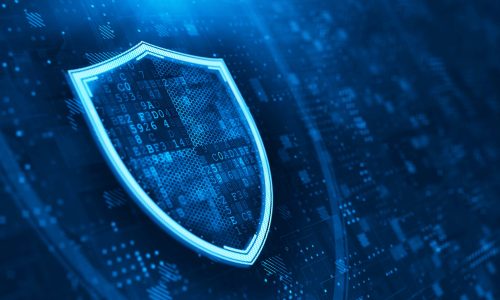 Shield. Abstract wireframe vector illustration on dark blue. Protect and Security concept. Digital Shield on abstract technology background. 3d rendering