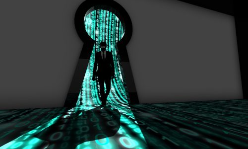 Elite hacker entering a room through a keyhole silhouette 3d illustration information security backdoor concept with turquoise digital background matrix